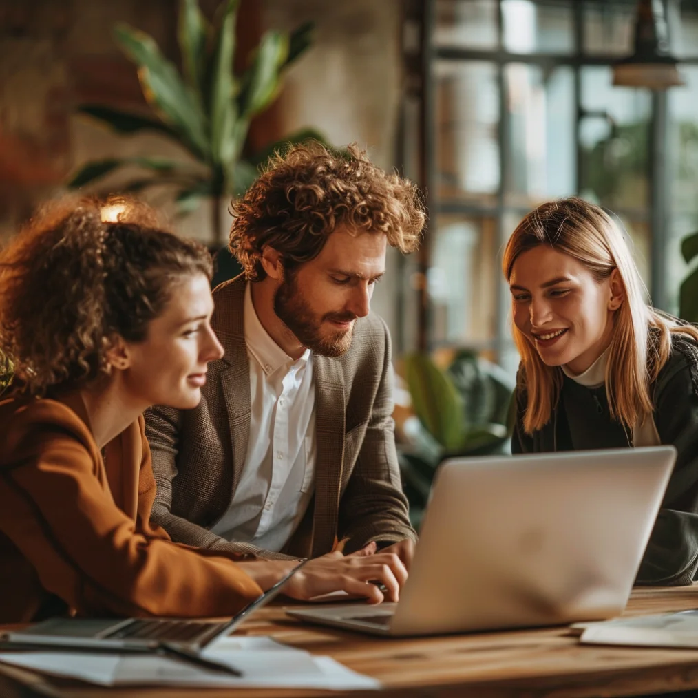 group of sales people gather around a computer for a crm lesson