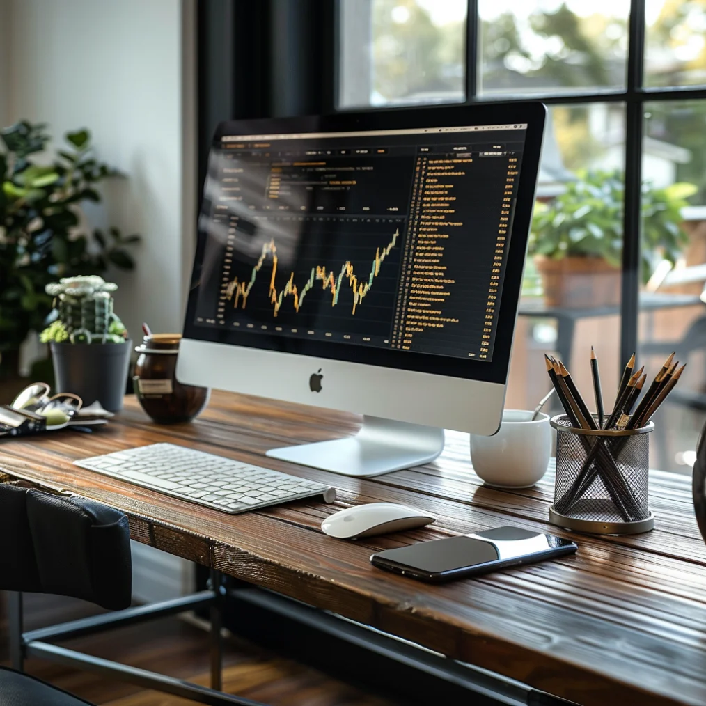 laptop sits on a desktop with graphs and stats on display